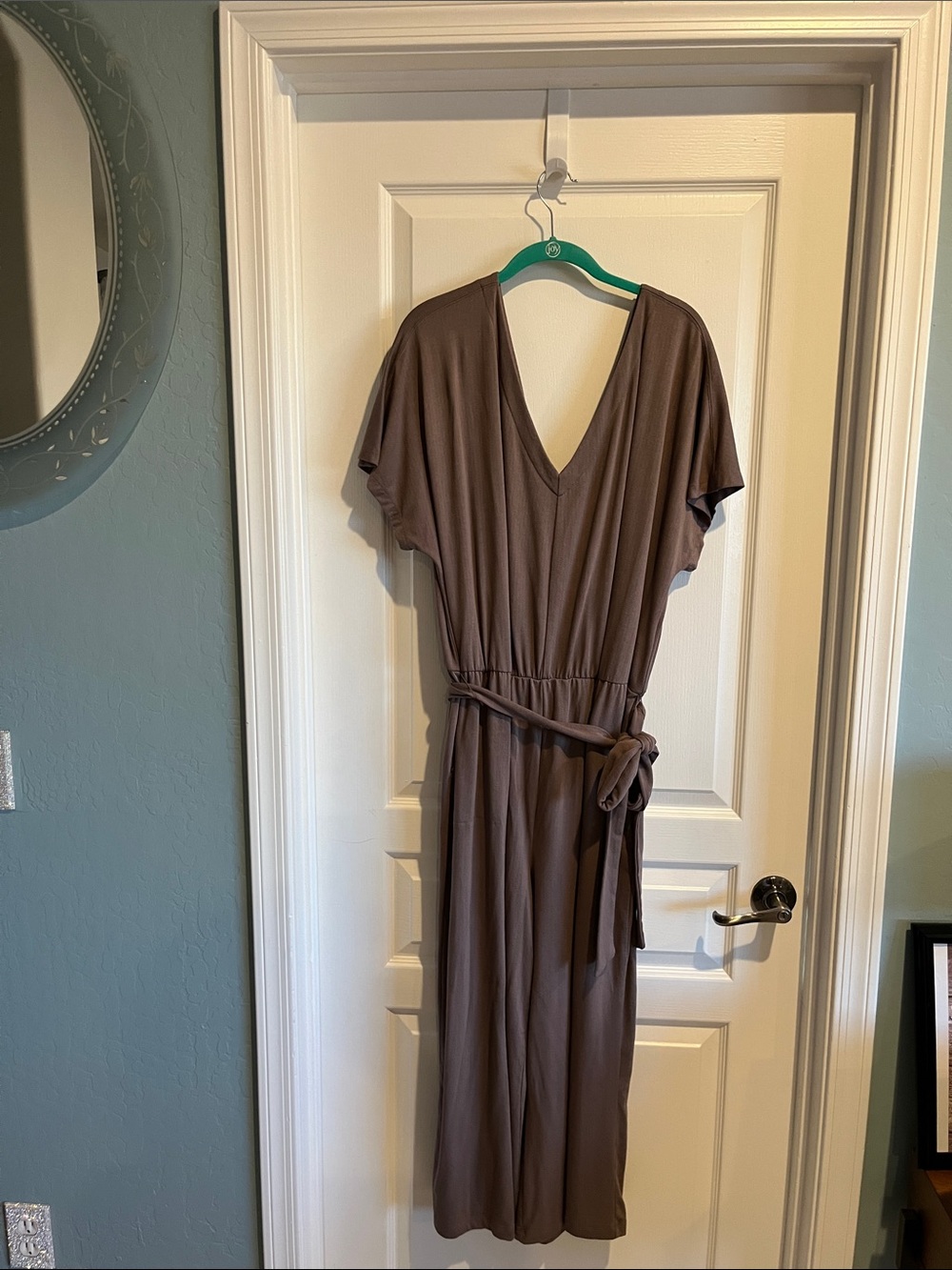 AnyBody Taupe V-Neck Belted Jumpsuit